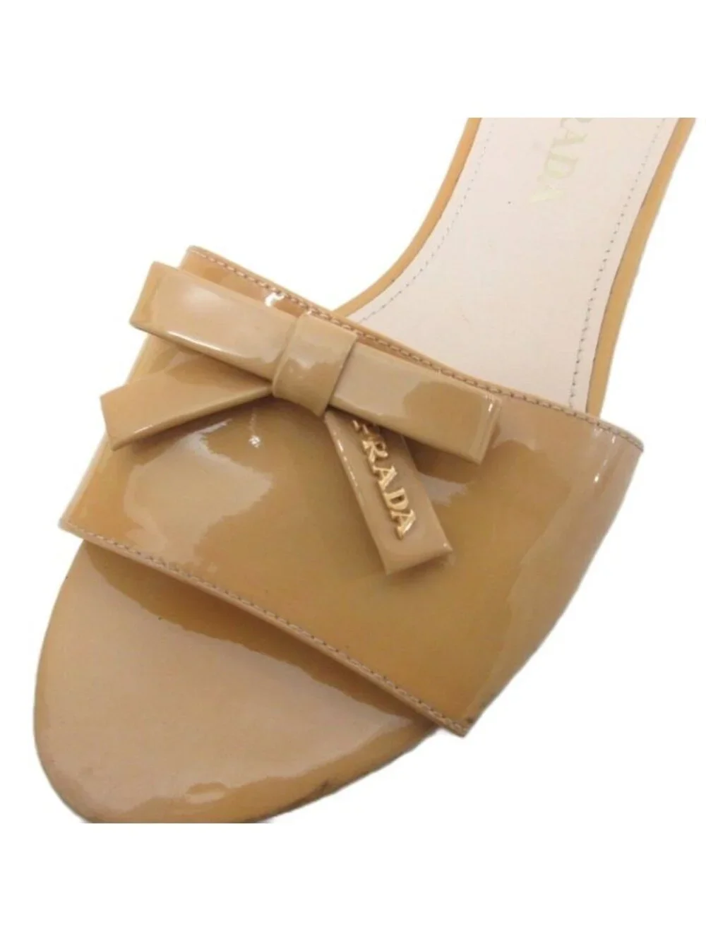 Prada Flat Sandals Mule Ribbon Motif Logo Gold 37.5 Beige Yellow - Picture 6 of 8